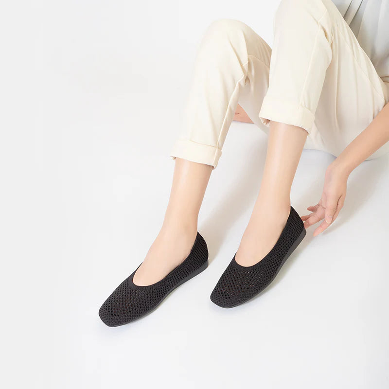 Heart Mesh Knit Square Toe Wedge Flats - Chocolate