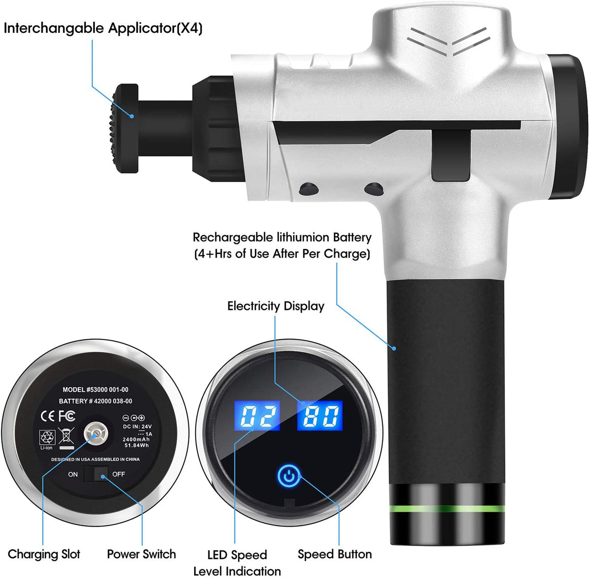 TODO Massage Gun Electric Massager 6 Speed 4 Heads Deep Muscle Tissue Relaxation