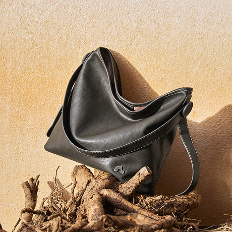 Nalandu Vintage Leather Slouchy Tote Bag - Charcoal