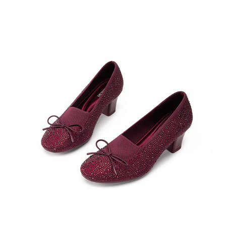 Rhinestone Bow Knit Round Toe Block Heel Pumps - Wine