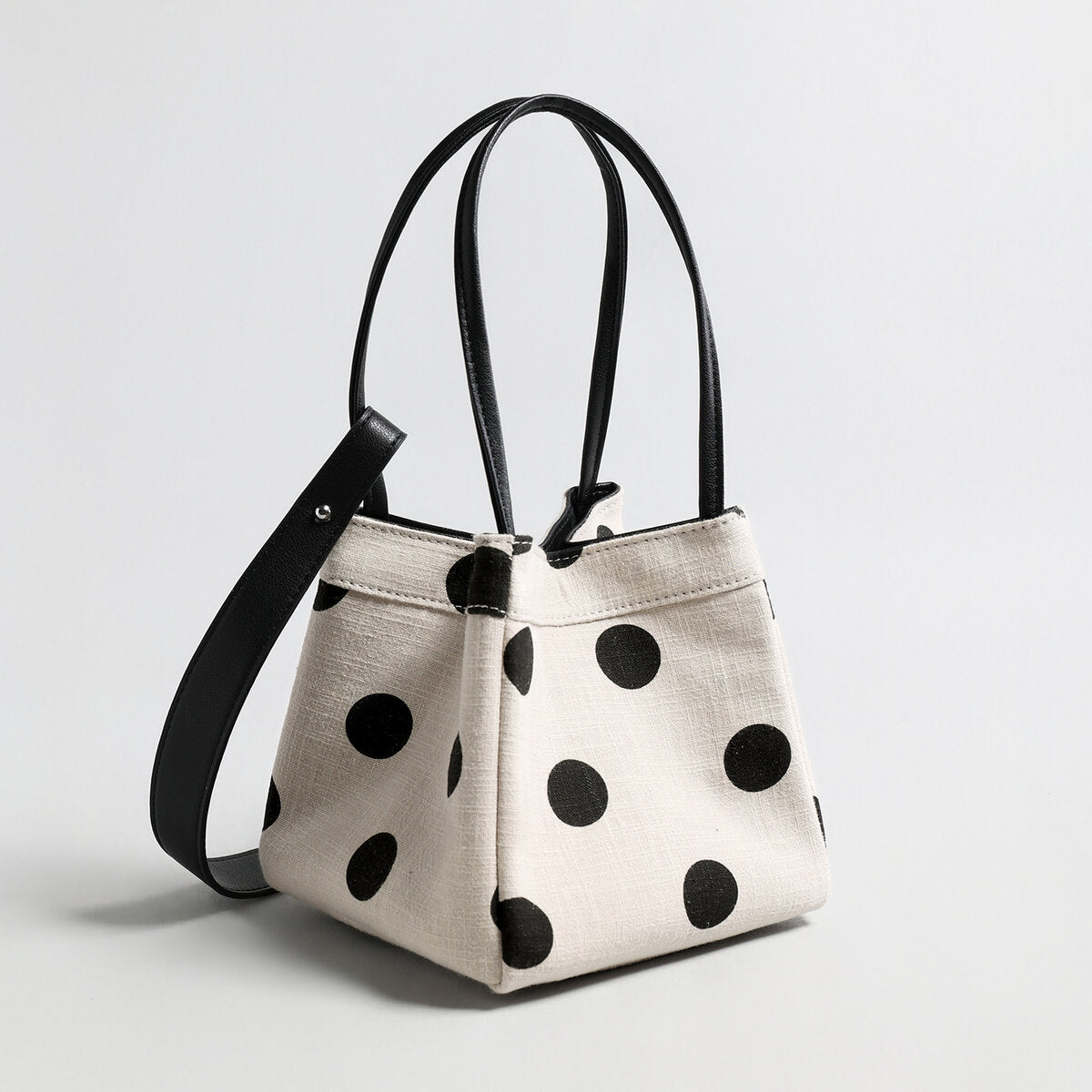 Polka Dot Canvas Mini Bucket Bag - Ivory