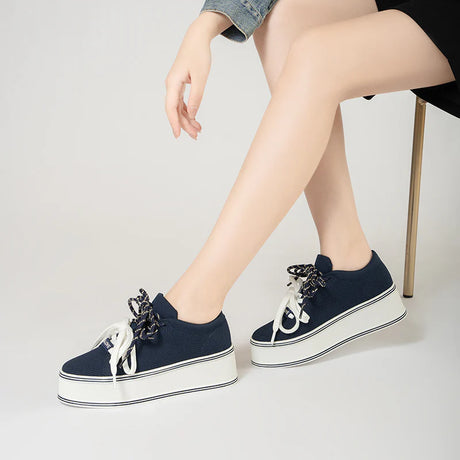 Dual Lace Platform Knit Sneakers - Navy