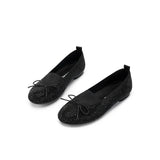 Rhinestone Bow Knit Round Toe Ballet Flats - Black