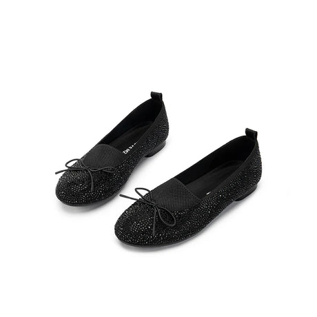 Rhinestone Bow Knit Round Toe Ballet Flats - Black