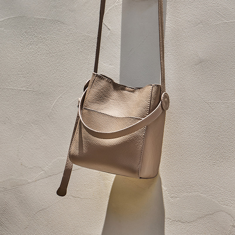 Nalandu Pebbled Leather Bucket Bag - Taupe