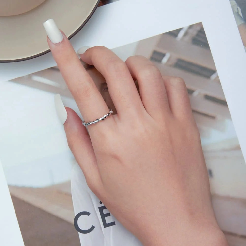 Solid 925 Sterling Silver Twisted Crystal String Ring