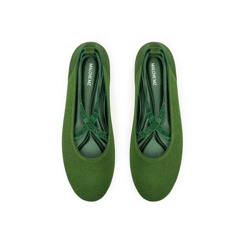 Rhinestone Cross Strap Knit Ballet Flats - Green