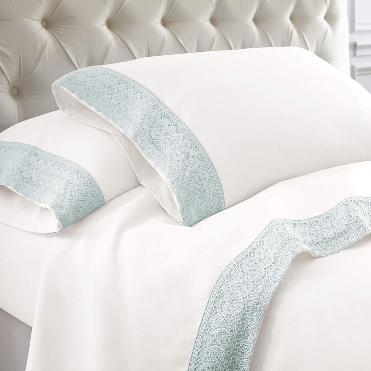 Ramesses Crochet-Lace Microfibre Sheet Set - Ice Blue Lace White Fabric