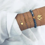 Boxed Bohemian Multi Layered Charm Bead Bracelet and Hoop Gold Plated Earrings Set - Blue