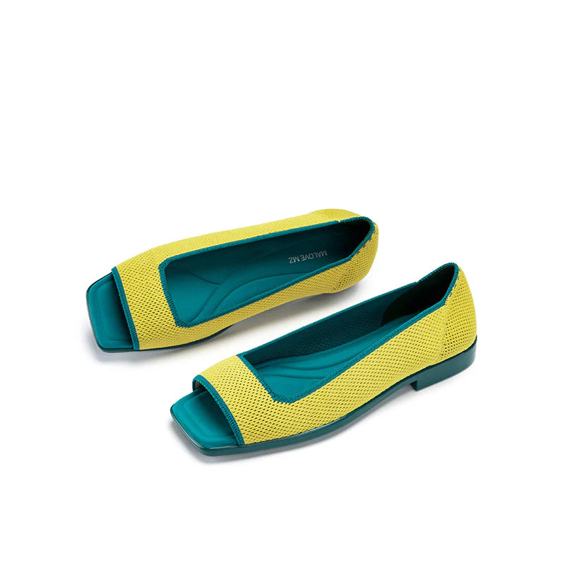 Colorblock Peep Toe Knit Flats - Yellow