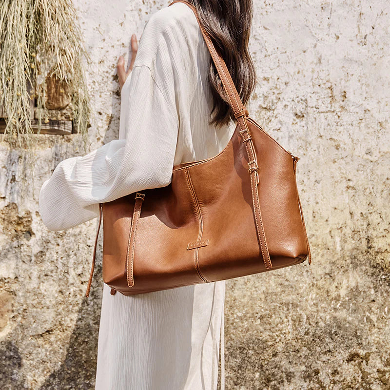 Nalandu Vintage Leather Large Capacity Commuter Tote Bag - Brown