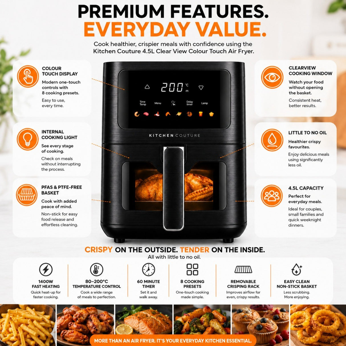 Kitchen Couture 4.5L Clear View Colour Touch Air Fryer - Black