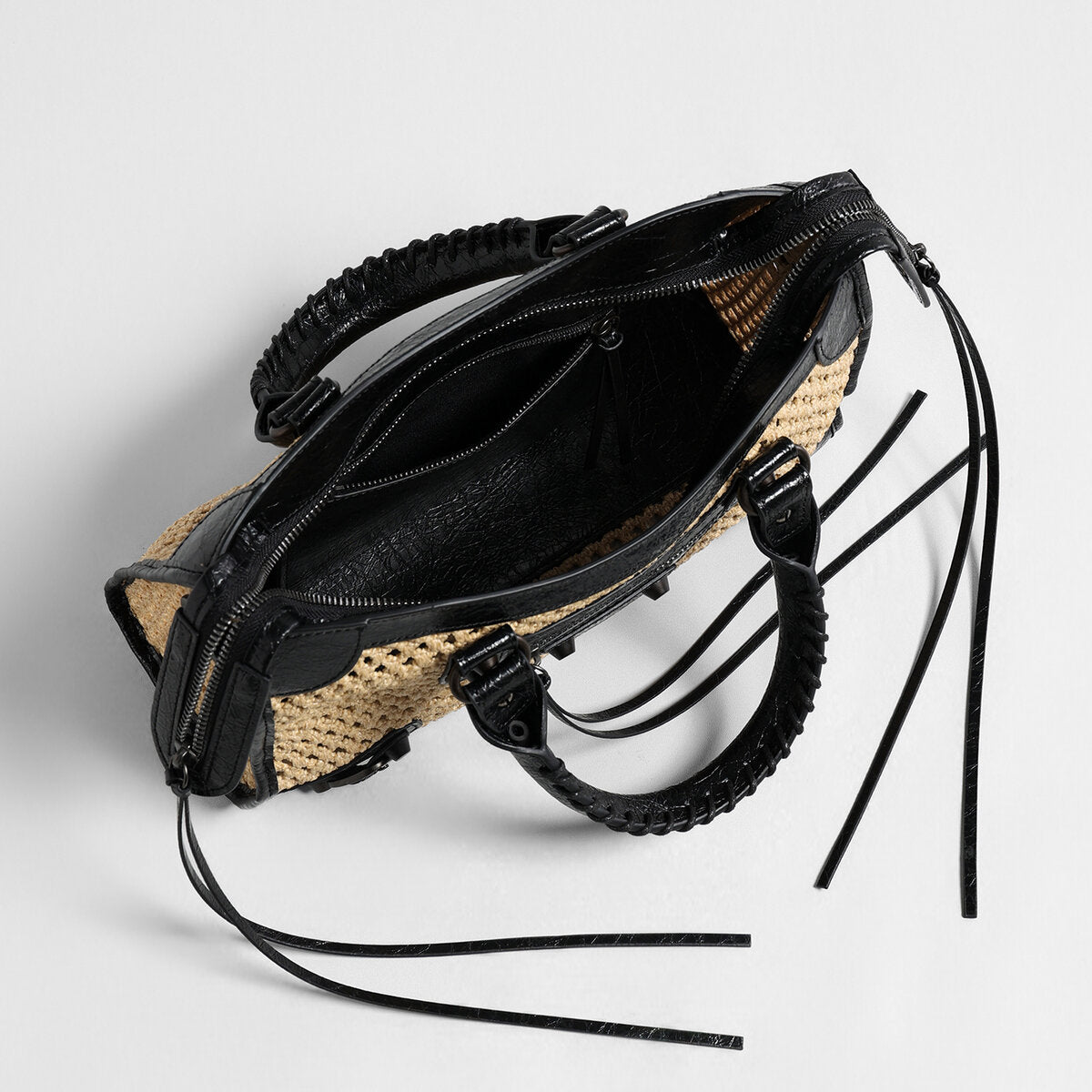 Studded Woven Straw Moto Bag - Black
