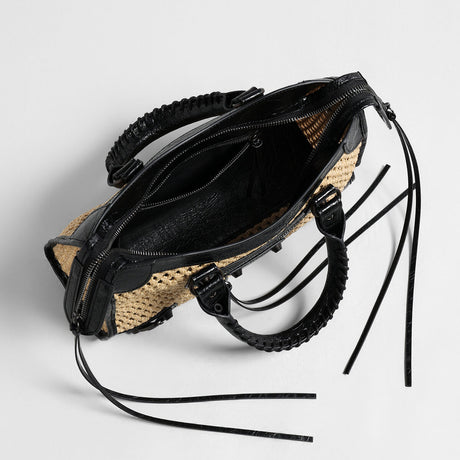 Studded Woven Straw Moto Bag - Black