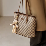 Nalandu Vintage Checkered Large Capacity Shoulder Tote Bag - Khaki