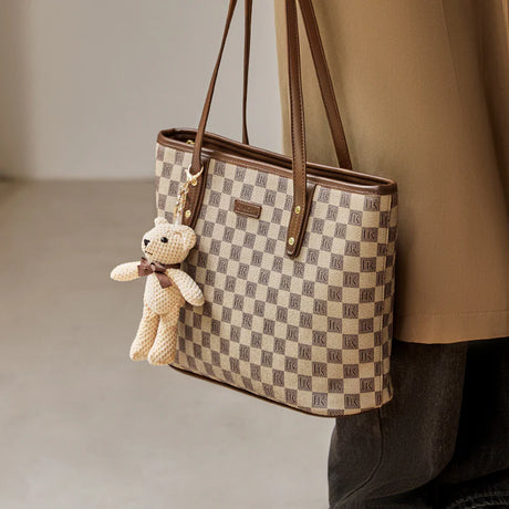 Nalandu Vintage Checkered Large Capacity Shoulder Tote Bag - Khaki