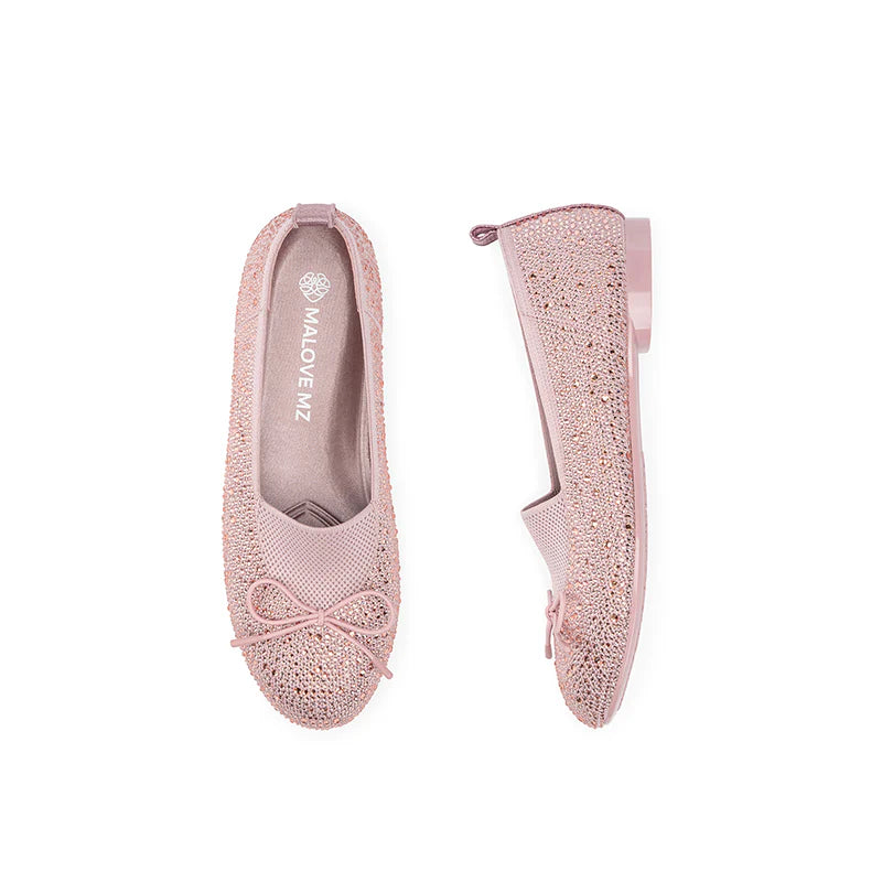 Rhinestone Bow Knit Round Toe Ballet Flats - Pink