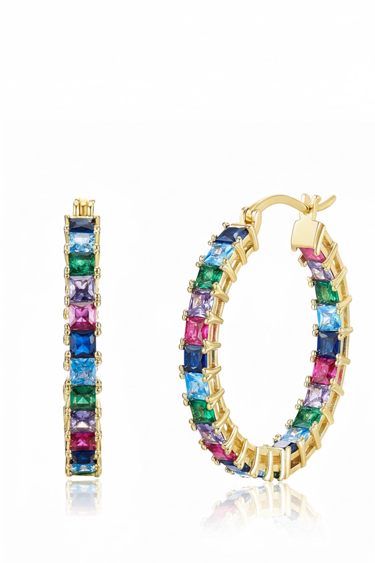 Liv Oliver 18K Gold Multi Color Emerald Cut Hoop Earrings