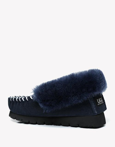 Popo Cow Suede Moccasin in Navy Blue
