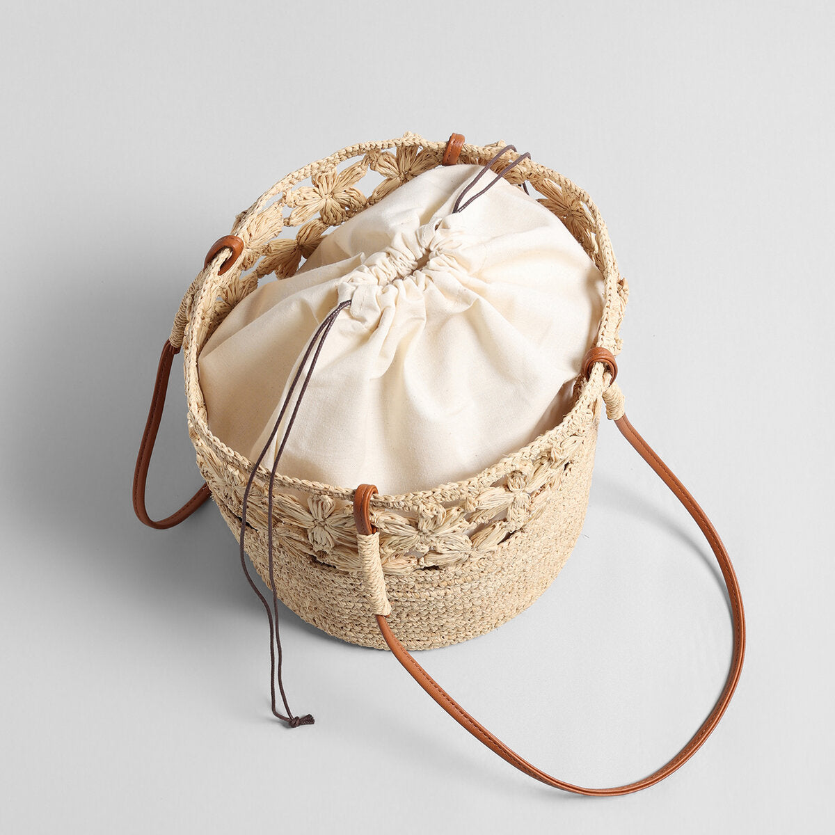 Floral Crochet Woven Straw Tote Bag - Natural