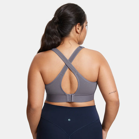 Zip Front Large Padded High Impact Sports Bra - Grey