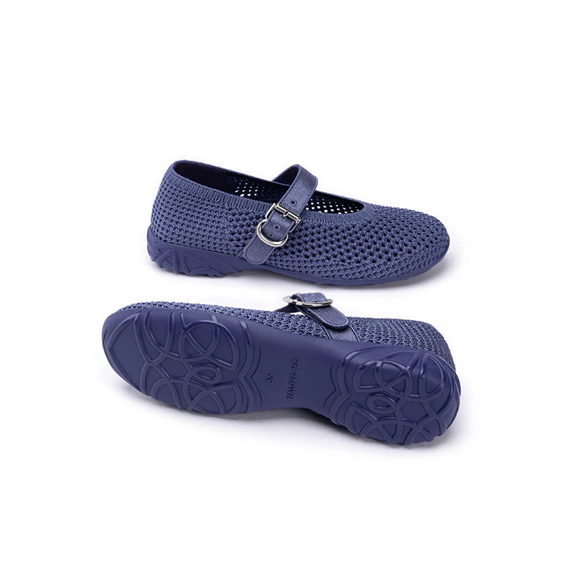 Heart Cutout Breathable Mesh Mary Jane Wedges - Denim