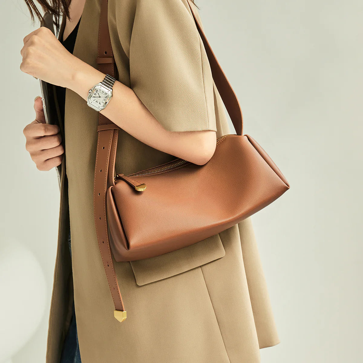 Nalandu Minimalist Leather Baguette Shoulder Bag - Brown