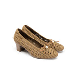Pearl Bow Mesh Knit Round Toe Pumps - Tan