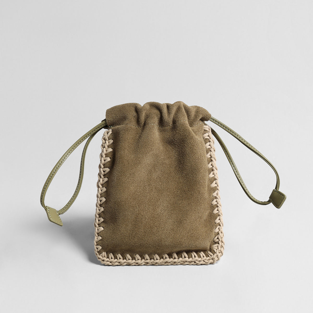 Vintage Suede Drawstring Pouch Bag – Woven Trim Crossbody Bag