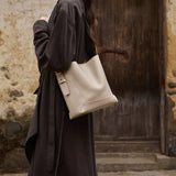 Nalandu Luxe Genuine Leather Bucket Tote Shoulder Bag - Taupe