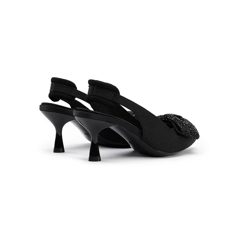Rhinestone Bow Slingback Kitten Heels - Black