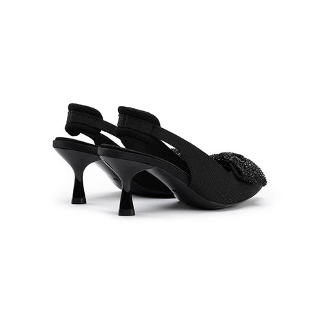 Rhinestone Bow Slingback Kitten Heels - Black