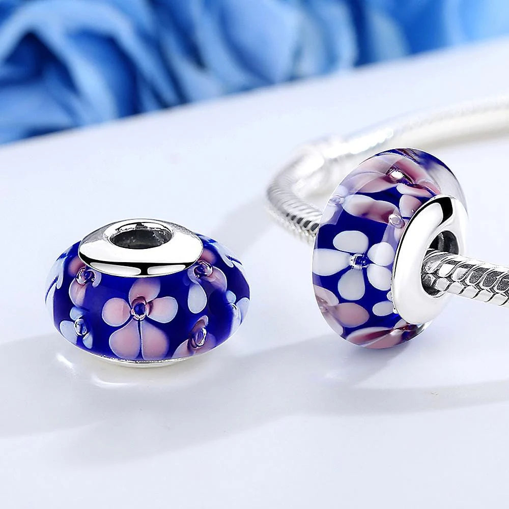 Solid 925 Sterling Silver Pink and White Blossom Inclusion Murano Glass Charm