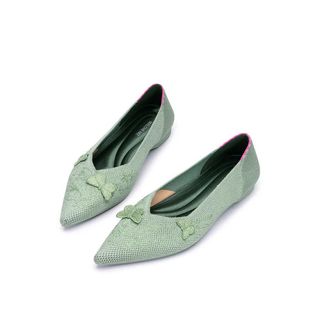 Butterfly Floral Knit Pointed Toe Ballet Flats - Mint