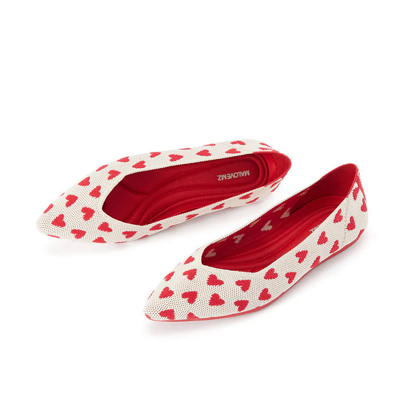 Heart Print Pointed Toe Comfortable Flats - Red