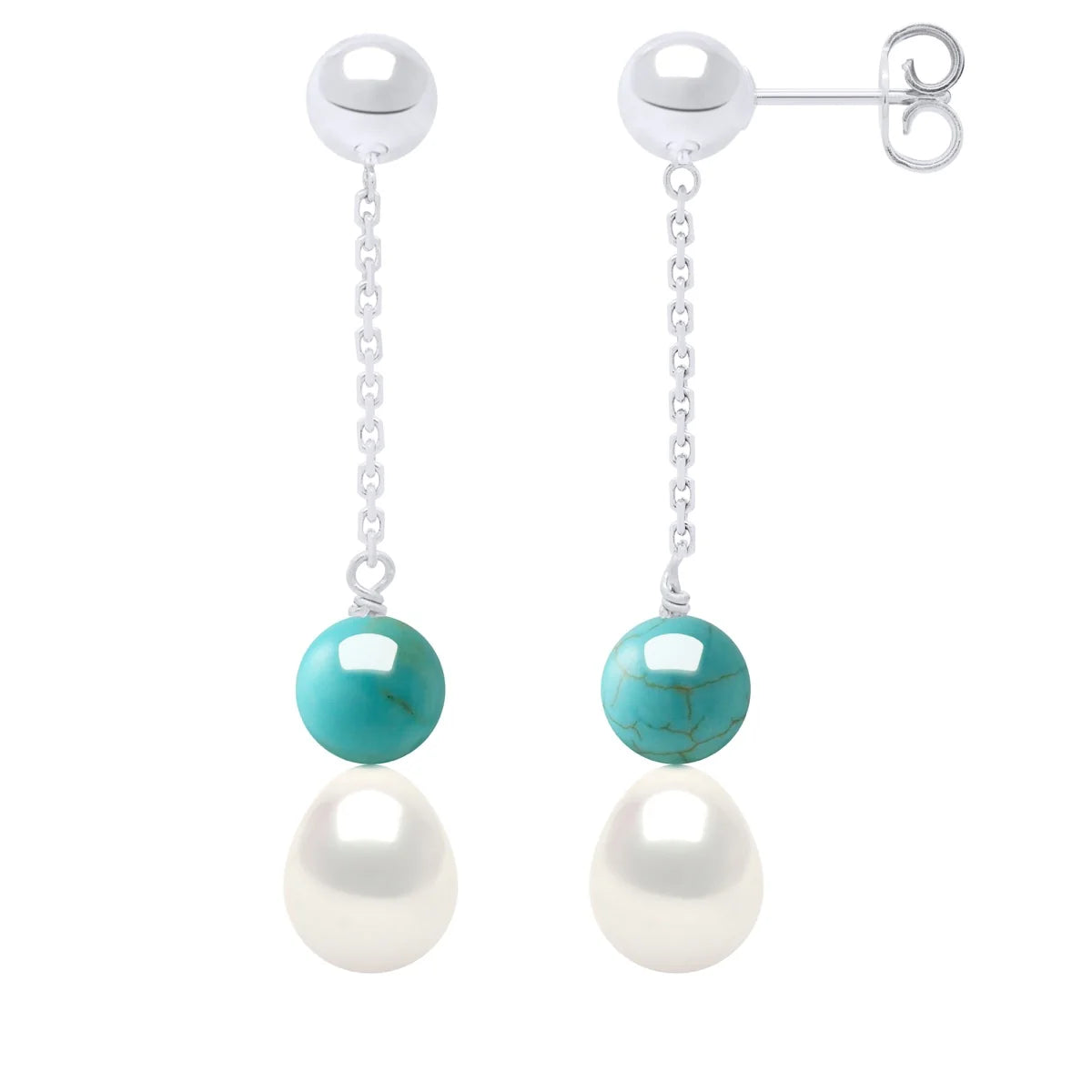 Drop Drop Earrings Freshwater Pearl & Turquoise White Sterling Silver