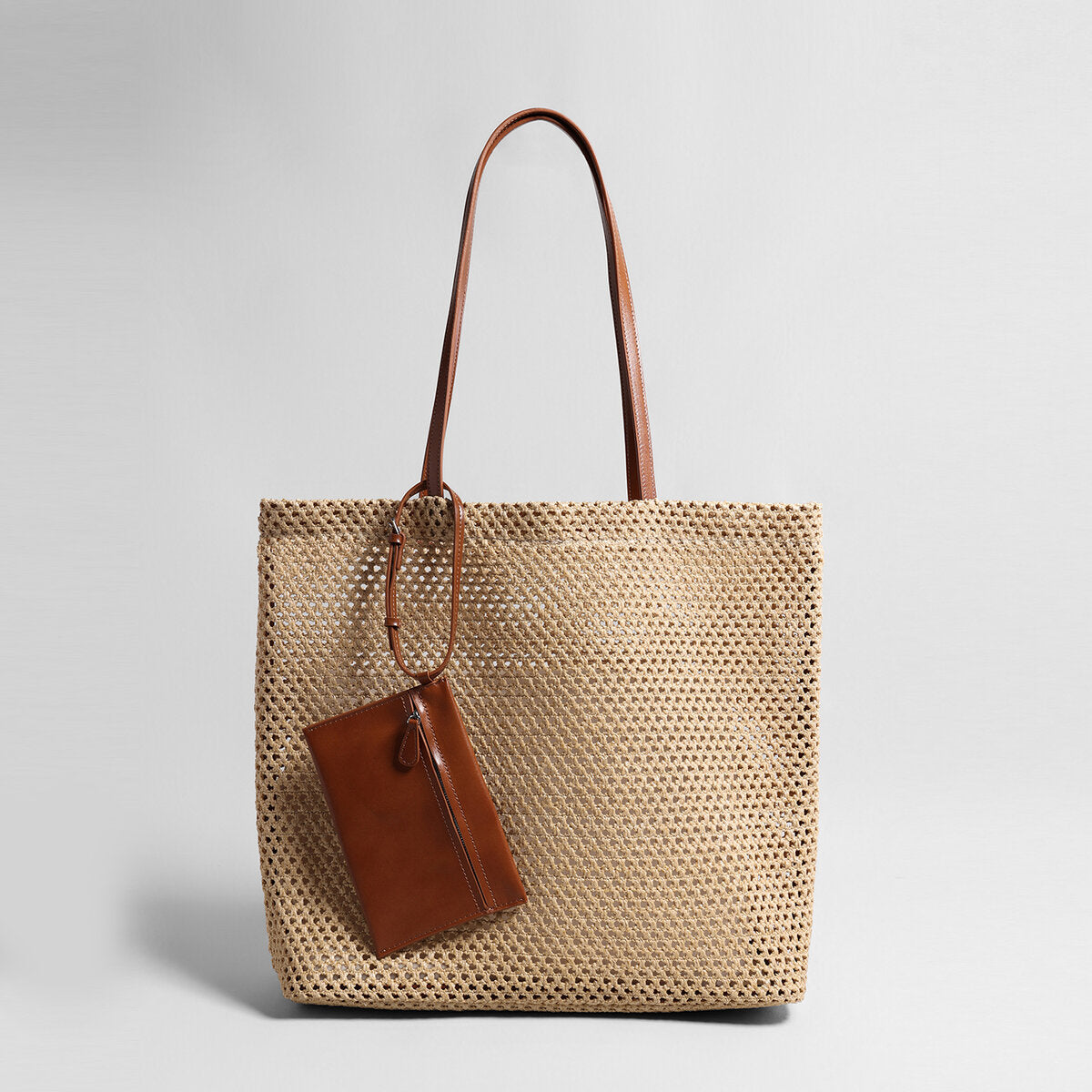 Handwoven Straw Mesh Market Tote - Brown