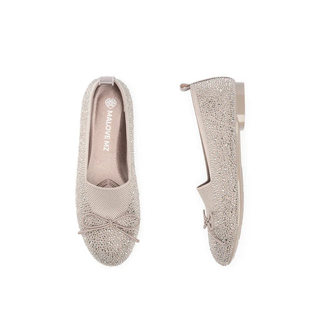 Rhinestone Bow Knit Round Toe Ballet Flats - Taupe