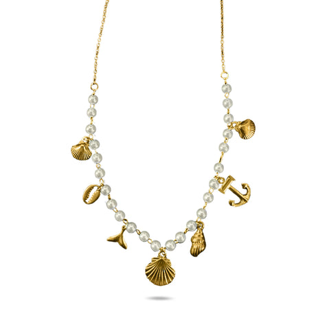 Bullion Gold Beaded Sea Pearl Charm Gold Necklace