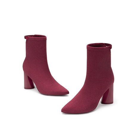 Pointed Toe Block Heel Knit Ankle Boots - Wine