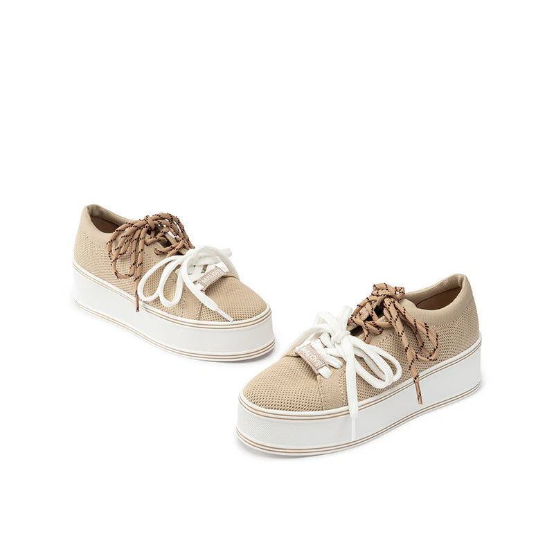 Dual Lace Platform Knit Sneakers - Apricot