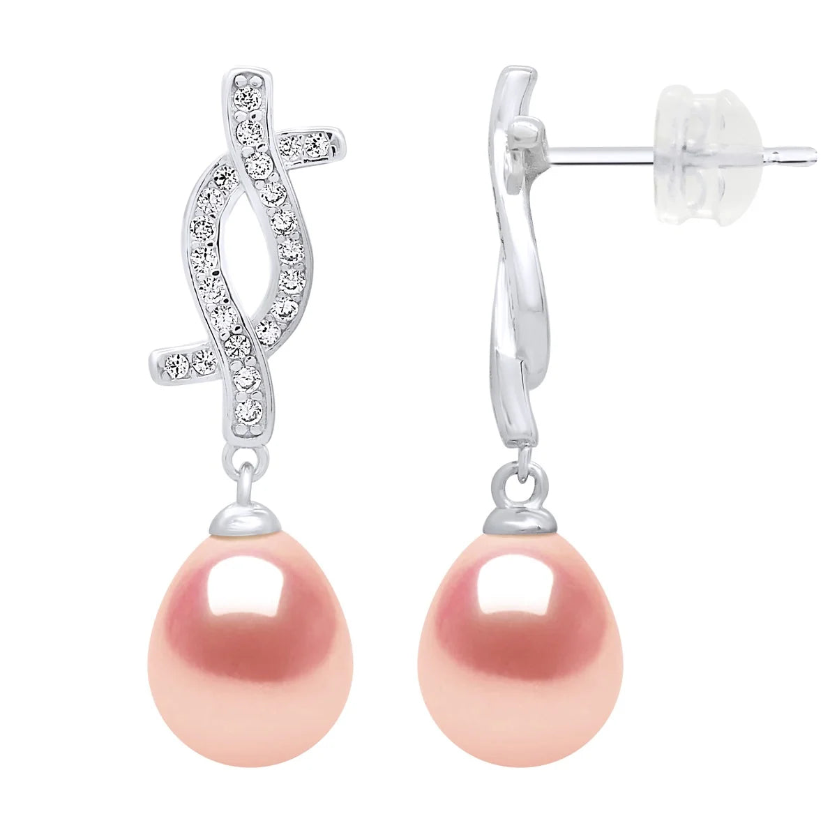 Drop Drop Earrings Freshwater Pearl & Cubic Zirconia Pink