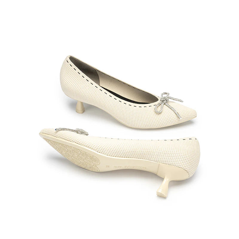 Rhinestone Bow Kitten Heels - Ivory