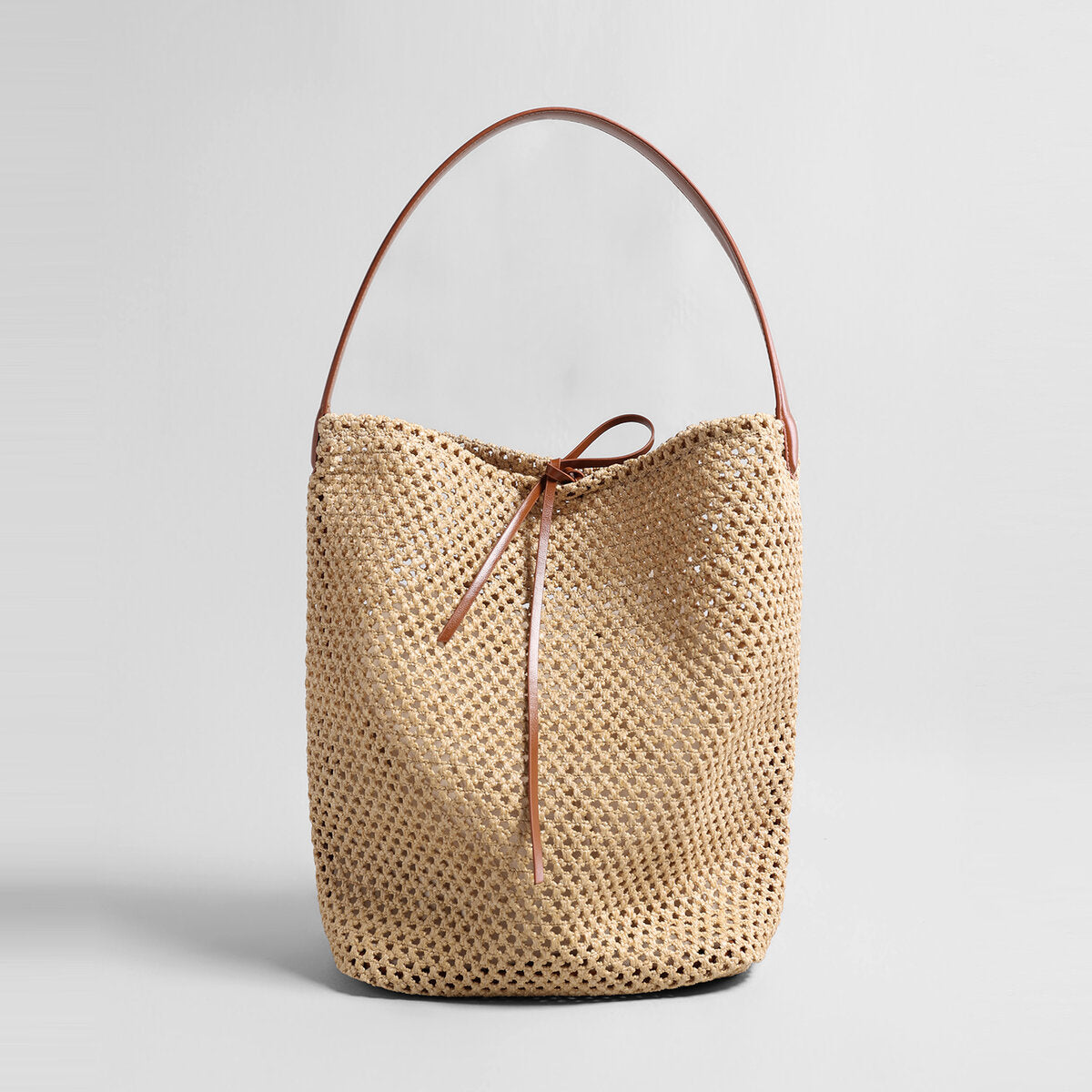 Handwoven Straw Bucket Tote - Brown