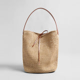 Handwoven Straw Bucket Tote - Brown