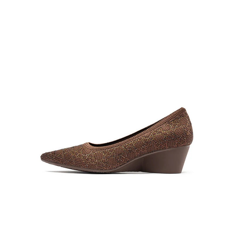 Rhinestone Check Knit Pointed Toe Wedge Pumps - Chocolate
