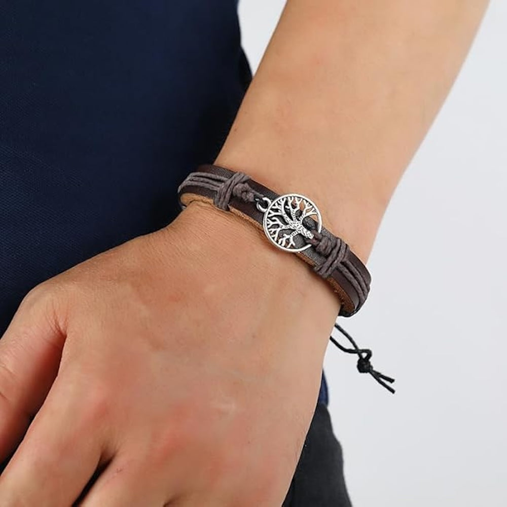 Stephen Oliver Brown Leather Adjustable Tree Of Life Bracelet