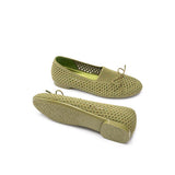 Bow Hollow Mesh Knit Round Toe Low Heel Flats - Avocado