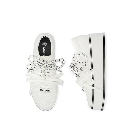 Dual Lace Platform Knit Sneakers - White