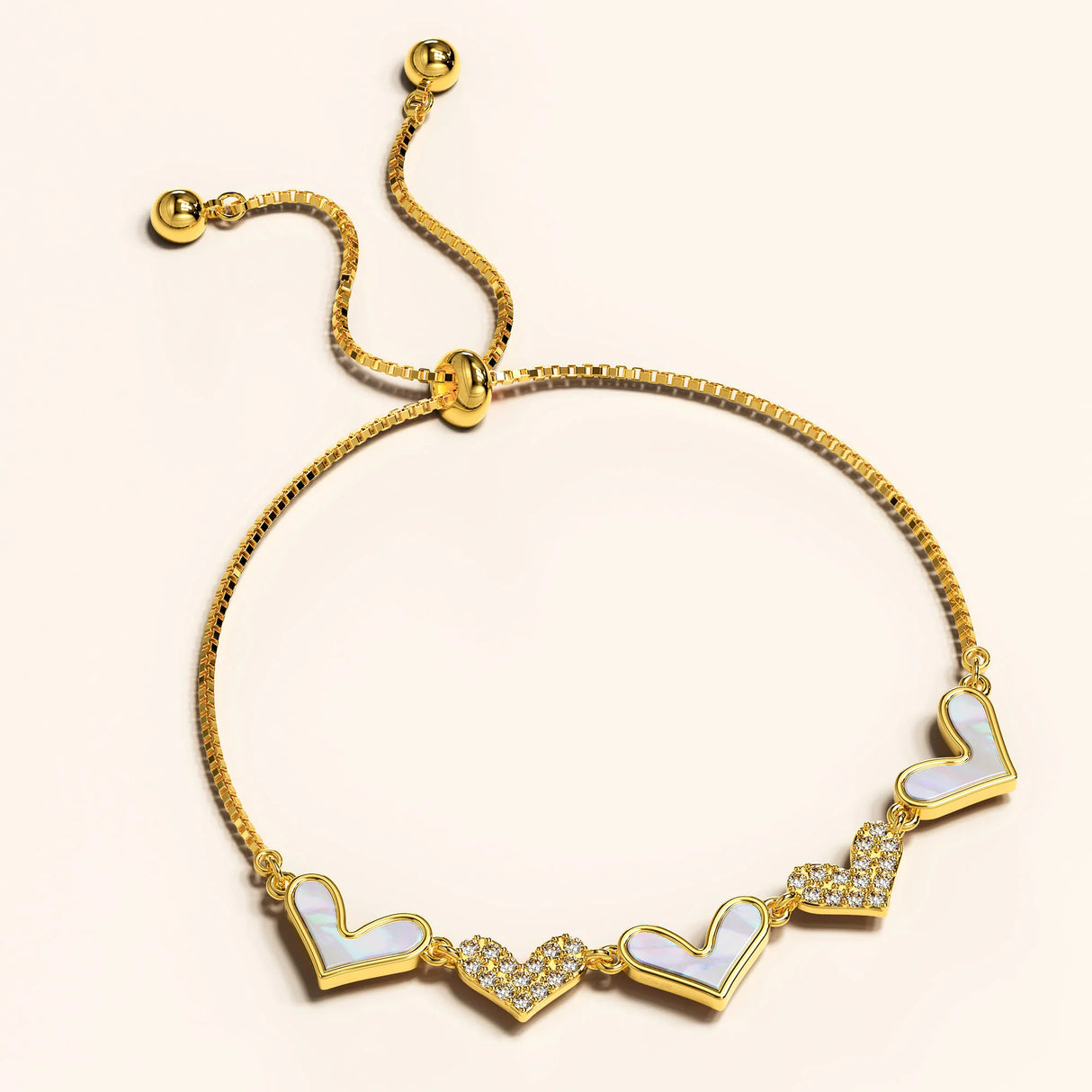 Bullion Gold Laurel Diamonelle Hearts on Mother of Pearl Shell Adjustable Slider Bracelet Gold